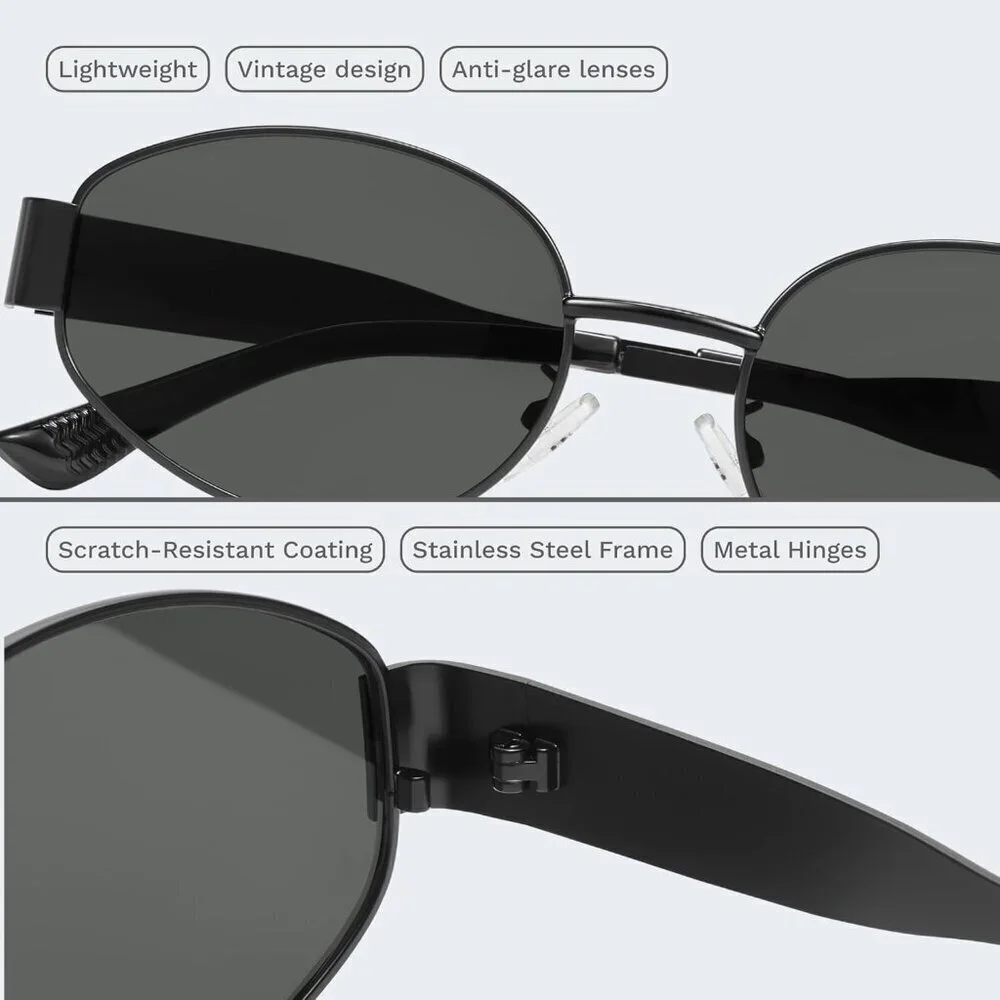 Retro Polarized Black Sunglasses UV400 Protection Oval Metal Frame Soft Case